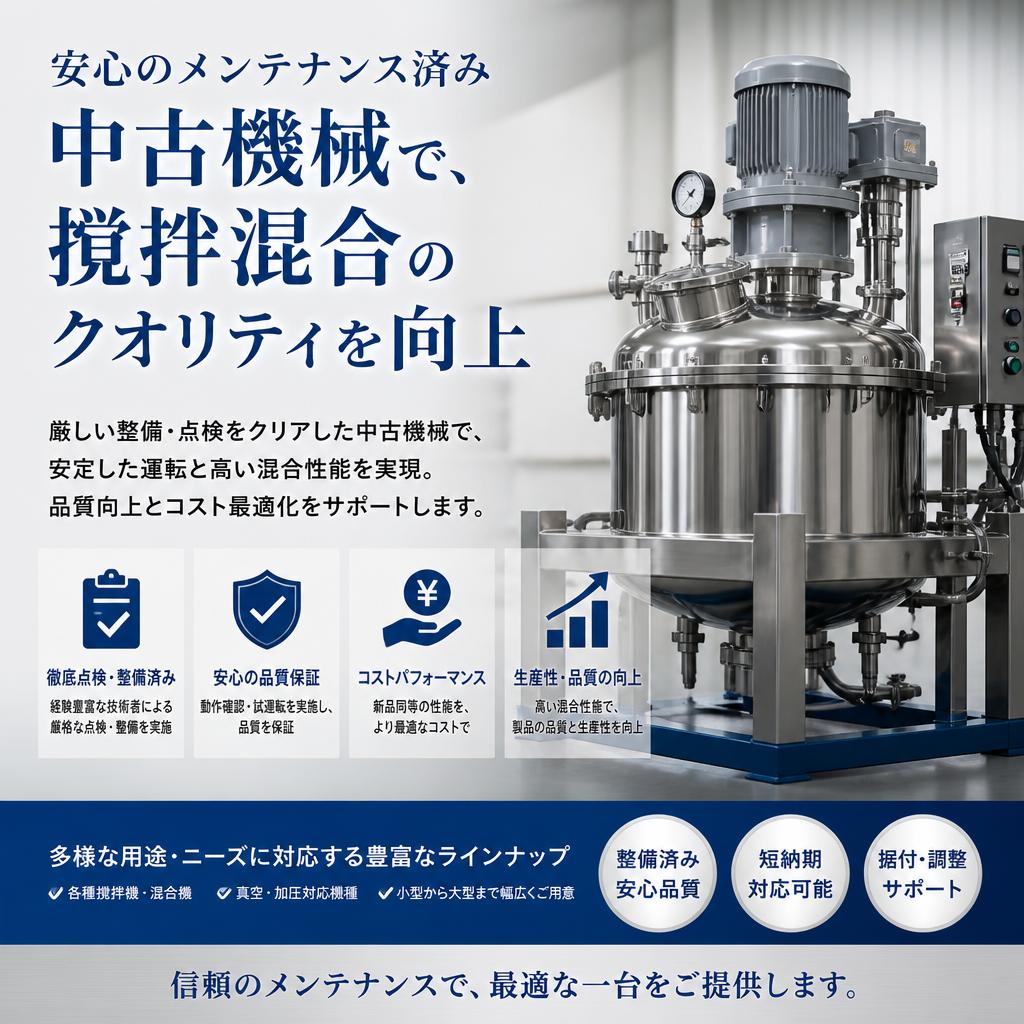 安心のメンテナンス済み中古機械で、撹拌混合のクオリティを向上