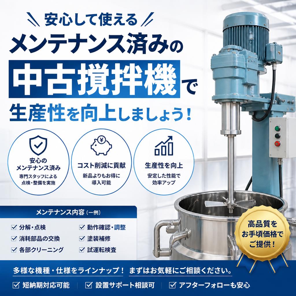 安心して使えるメンテナンス済みの中古撹拌機で生産性を向上させましょう！
