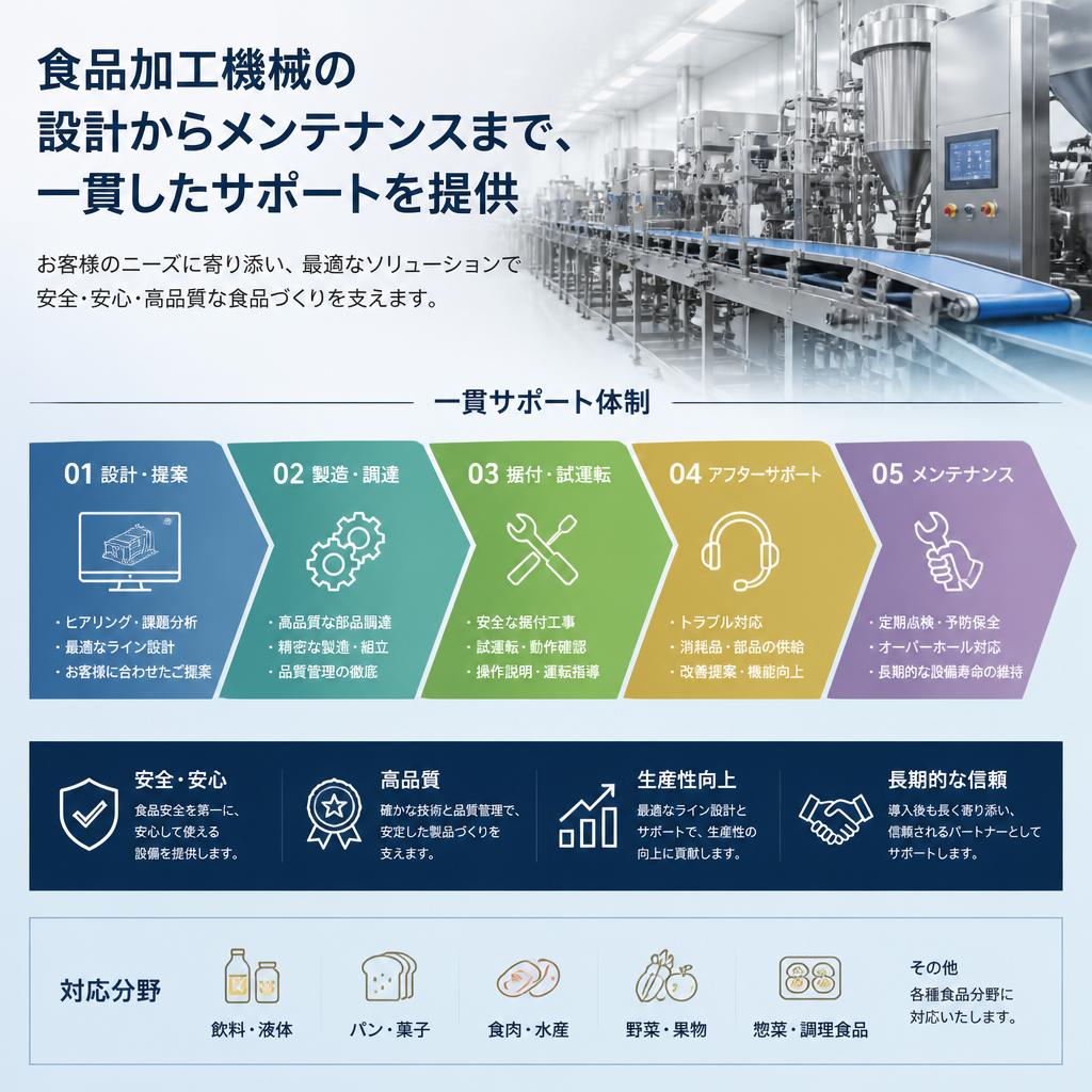 食品加工機械の設計からメンテナンスまで、一貫したサポートを提供