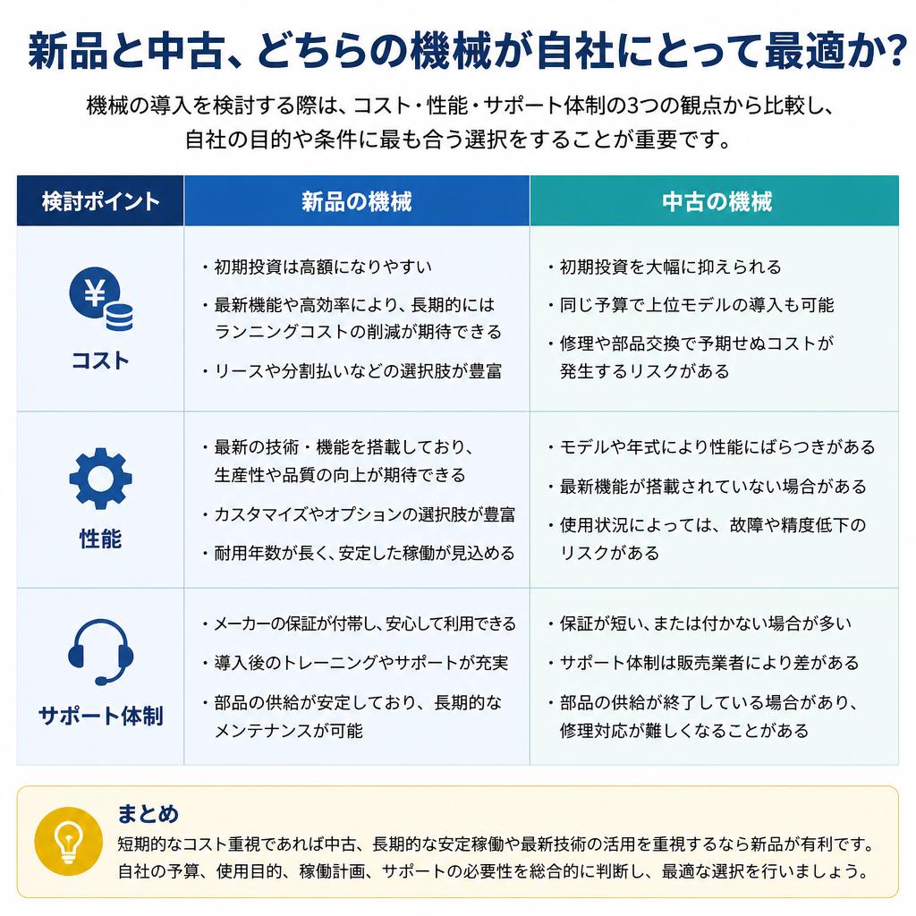 2. 新品機械 vs 中古機械：どちらを選ぶべきか